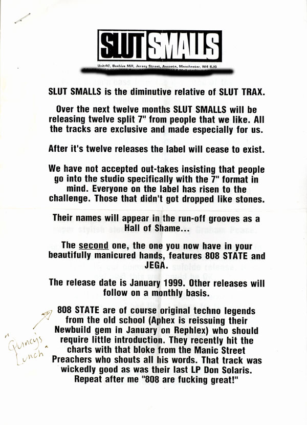 808 State - Quincy's Lunch - UK Promo 7" Single - Press Release - Page 1