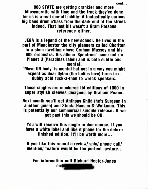 808 State - Quincy's Lunch - UK Promo 7" Single - Press Release - Page 2