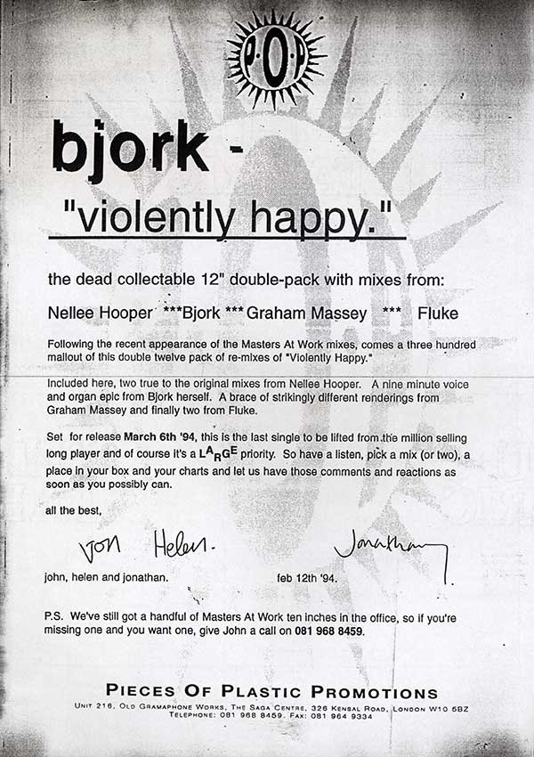 Björk - Violently Happy - UK 2x12" Promo Single - Press Release