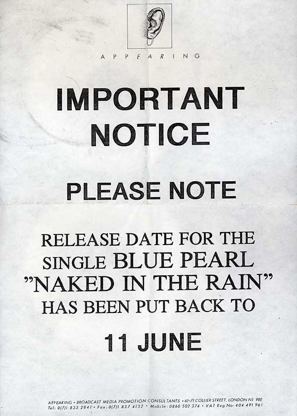Blue Pearl - Naked In The Rain - UK White-Label Promo 7" Single - Press Release 2