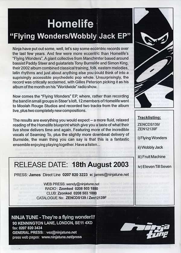 Homelife - Flying Wonders EP - UK CD Single - Press Release