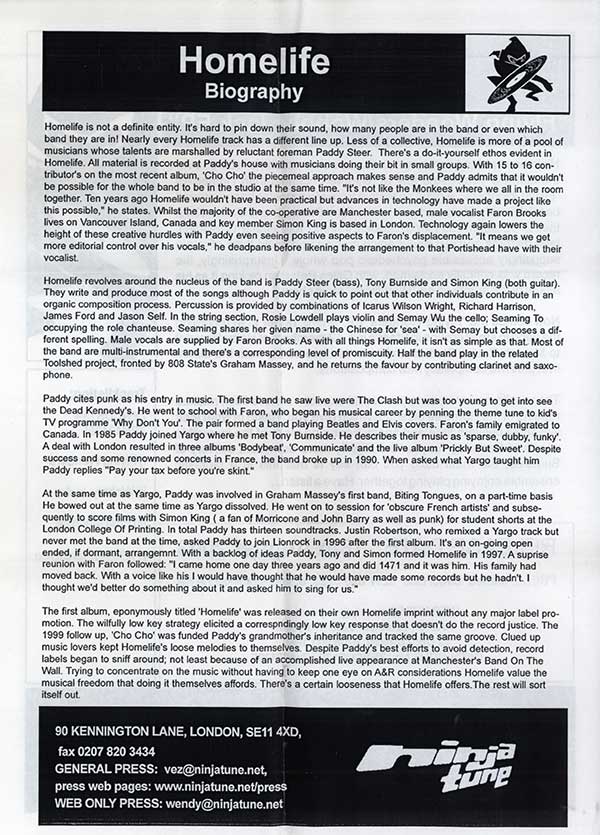 Homelife - Flying Wonders EP - UK CD Single - Biography