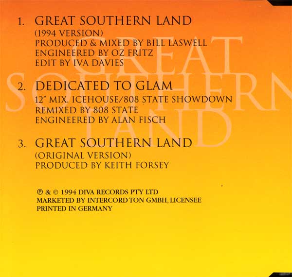 Icehouse - Great Southern Land - German CD Single - Back Cover
