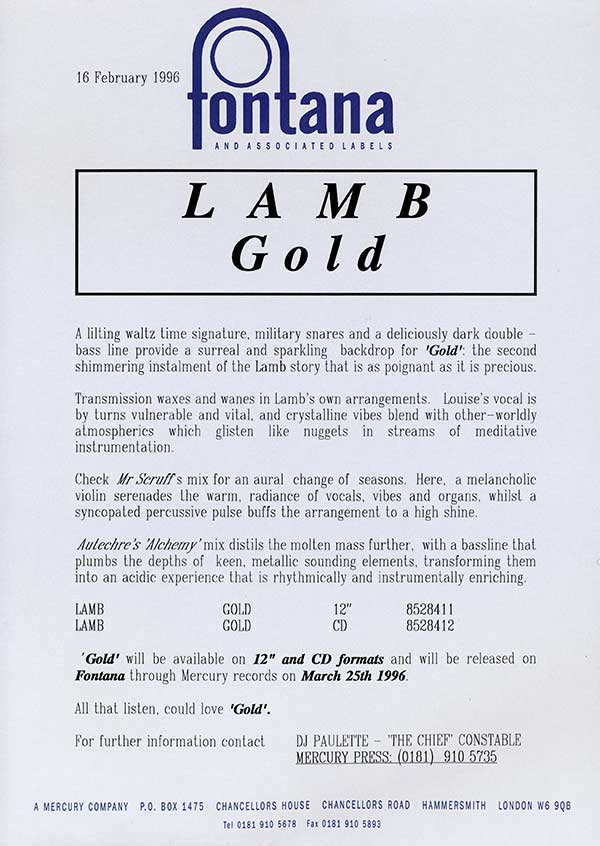 Lamb - Gold - UK Promo 12" Single - Press Release