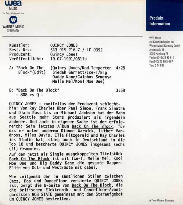 Quincy Jones - Back On The Block - German 7" Single - Press Release