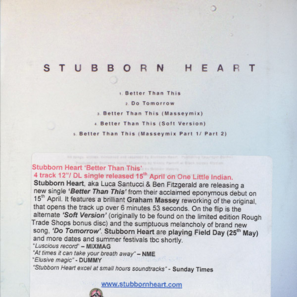 Stubborn Heart - Better Than This - UK Promo CD Single - Back