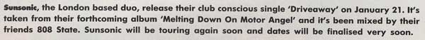 Sunsonic - Driveaway - UK News Item - Record Mirror (19th January 1991)