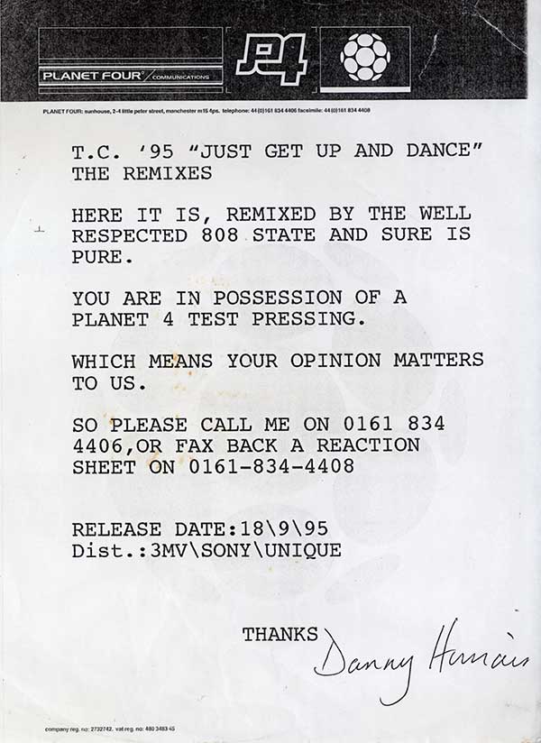 TC'95 - Just Get Up And Dance - UK 12" Test Pressing White-Label Promo Single - Press Release