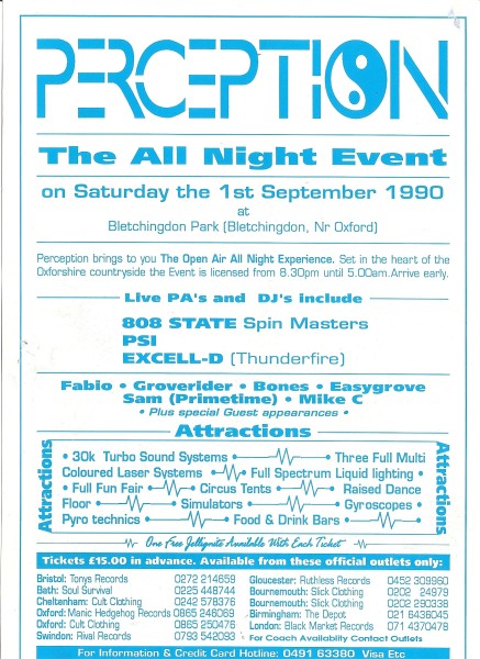 Sat 1:Sep -Spinmasters DJ - Perception, The All Night Event, Bletchingdon Park, Oxfordshire, England (with PSI, Excell-D, Fabio, Grooverider, Bones, Easygrove Sam, Mike C)