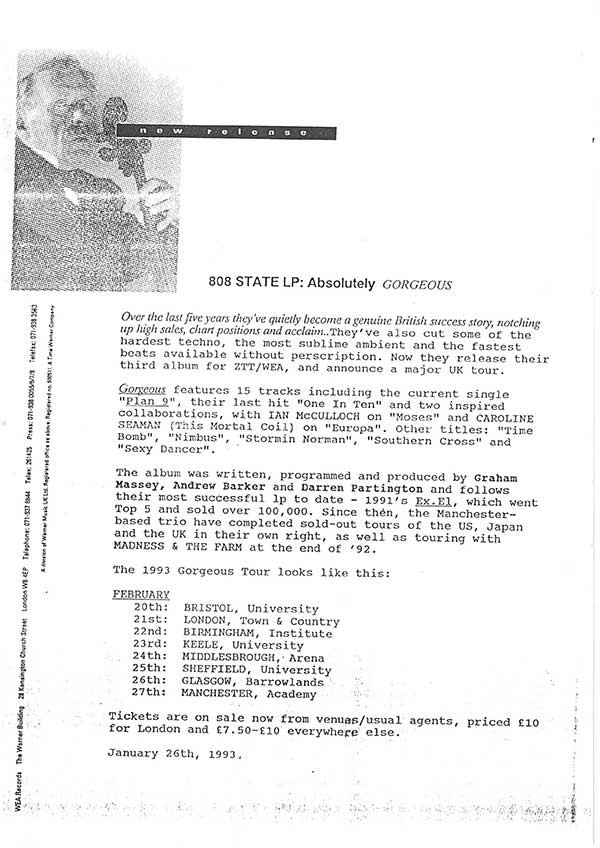 808 State - Gorgeous - UK - Press Release