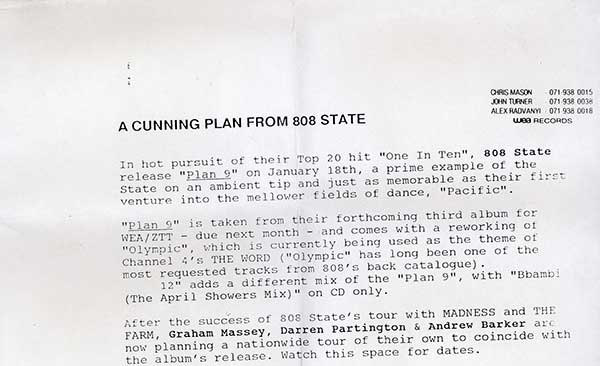 808 State - Plan 9 - UK Promo CD Single - Press Release