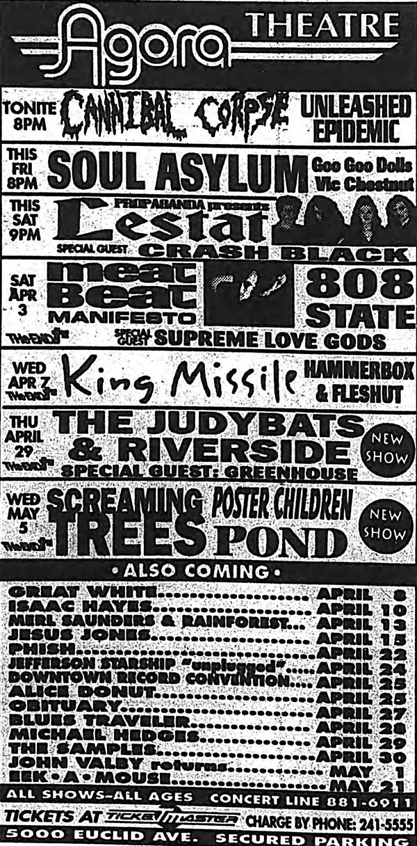 Sun 4:Apr - 808 State Live - Agora Theatre - Cleveland, Ohio, USA (supporting Meat Beat Manifesto & Supreme Love Gods)